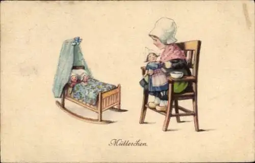 Künstler Ak Mütterchen, Mädchen mit Puppen