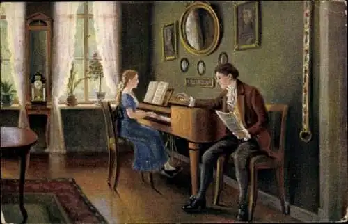 Künstler Ak Zeller, Klavierstunde, Mädchen mit Lehrer