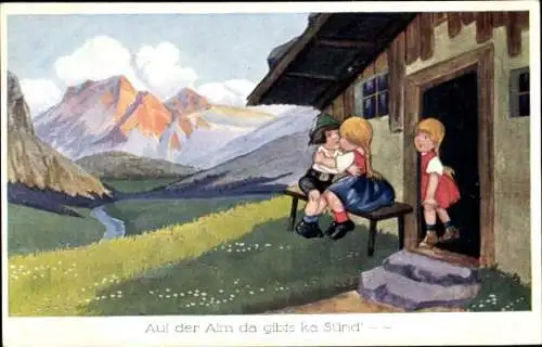 Künstler Ak Auf der Alm da gibts kein Sünd, Liebespaar, Kuss
