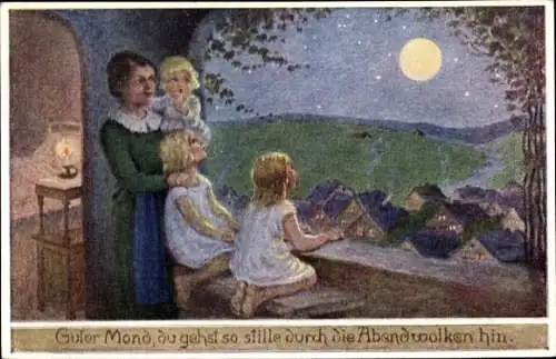 Mondschein Ak Frau mit Kindern beobachten Mond