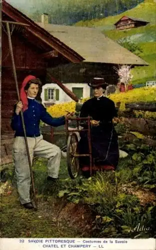 Ak Chatel Champery Savoie, Bauerntrachten, Spinnrad