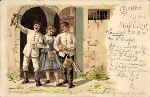 Litho Gruß aus dem Manöver, Deutsche Soldaten, Frau