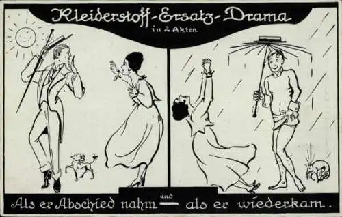 Künstler Ak Kleiderstoff-Ersatz-Drama in 2 AktenAls er Abschied nahm und als er wiederkam