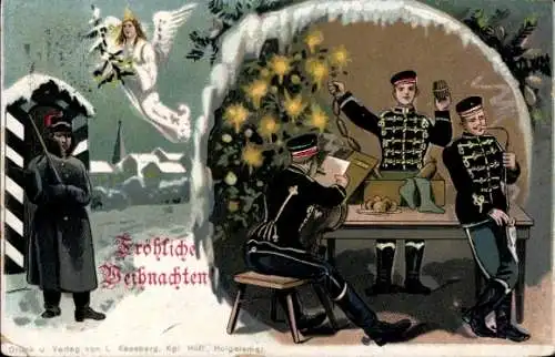 Ak Frohe Weihnachten, Soldaten bei einer Weihnachtsfeier, Wachtposten, Engel, Tannenbaum