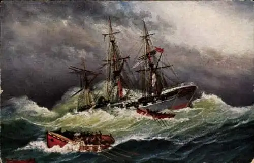 Ak Mannschaft gerettet, Seenotrettung, Rettungsboot
