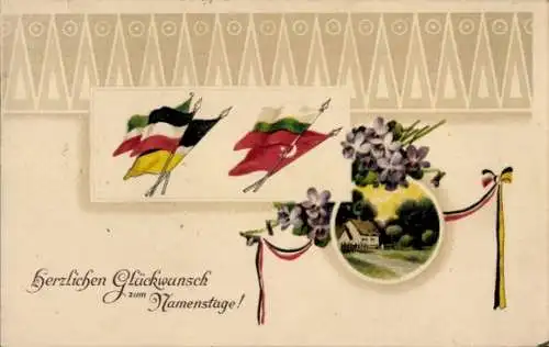 Ak Glückwunsch zum Namenstag, Flaggen Vierbund, Veilchen, 1. WK