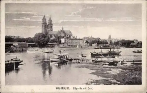 Ak Magdeburg, Dom, Elbe, Dampfschiffe, Schiffsanleger