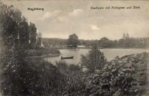 Ak Magdeburg, Stadtpark, Mittagssee, Boot, Angler, Dom