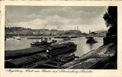 Ak Magdeburg, Schiffe, Hindenburg-Brücke, Blick vom Werder
