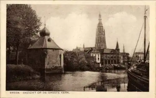 Ak Breda Nordbrabant Niederlande, Turm, Kirchturm, Haus, Baum, Kanal, Schiff