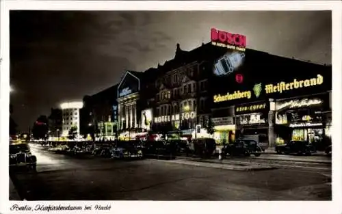 Ak Berlin Charlottenburg, Kurfürstendamm bei Nacht, Hotel am Zoo, Leuchtreklame