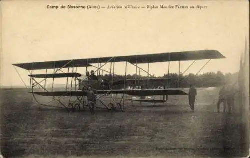 Ak Camp de Sissonne, Aisne, Aviation Militaire, Biplan Maurice Farman