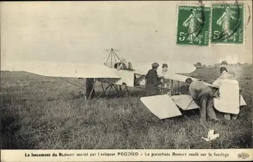 Ak Le lancement du Bleriot monté par l'aviateur Pegoud, Flugzeug