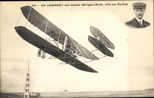 Ak De Lambert sur biplan Wright-Ariel, vire au Pylône