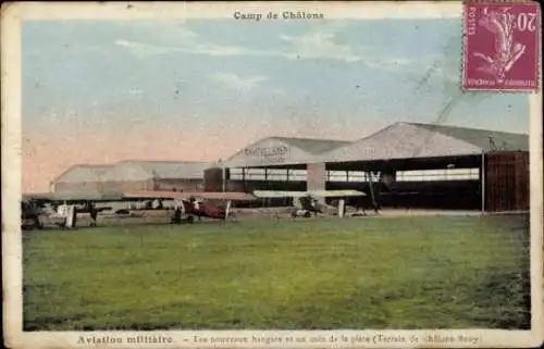 CPA Camp de Châlons, Aviation militaire, Les nouveaux hangars et un coin de la piste