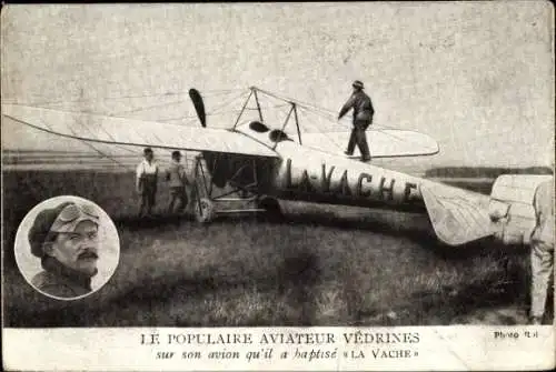 Ak Le Populaire Aviateur Vedrines, Avion La Vache, Flugpionier