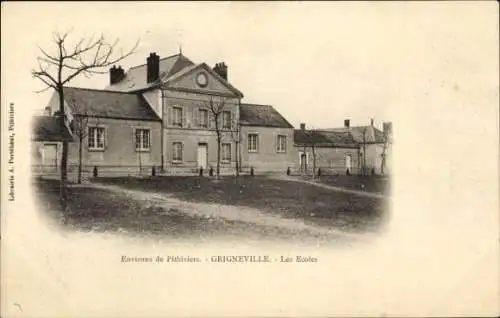 Ak Grigneville Greneville-en-Beauce Loiret, Schule, Gebäude, Landschaft, monochrome Darstellung
