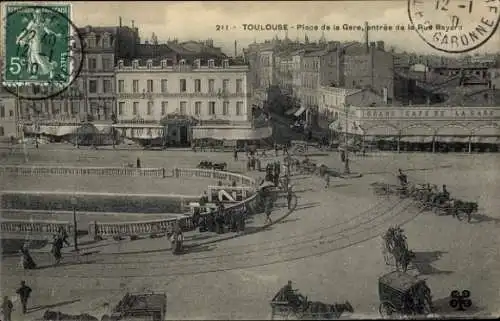 Ak Toulouse Haute Garonne, Platz der Gare, Rue Bayard, Grand Café, Pferdewagen