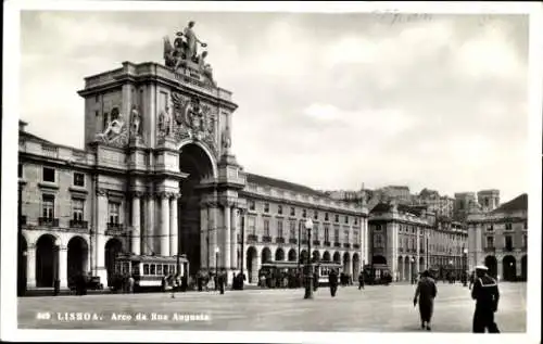 Ak Lisboa Lissabon Portugal, Arco da Rua Augusta,  Architektur, Straßenbahn