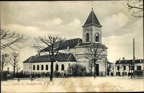 Ak Romainville Seine Saint Denis, Eglise de  Kirche, Bäume,  