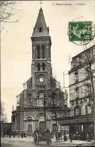 Ak Saint Ouen l’Aumône Val d’Oise, Kirche, Uhrturm, Pferdewagen, Gran Restaurant,  