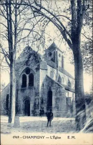 Ak Champigny sur Marne Val de Marne, Eglise,  Kirche, Bäume im Vordergrund, schwarz-weiß