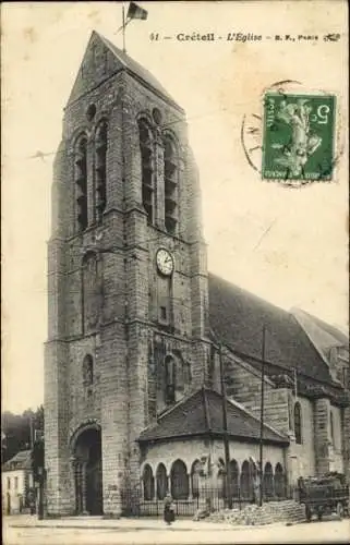 Ak Créteil Val de Marne, Kirche mit Glockenturm, Poststempel, Grünabdruck, Paris