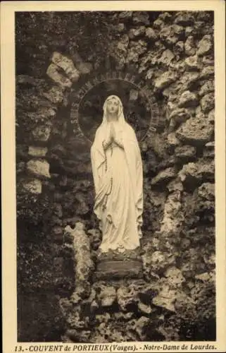 Ak Portieux Vosges, Statue der Jungfrau Maria, Felsen, Couvent de  Notre-Dame de Lourdes