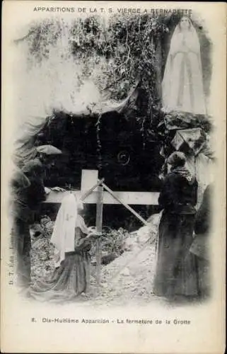 Ak Lourdes Hautes Pyrénées, Ausschnitt der Marienerscheinung, Bernadette, Statue der Jungfrau Mar