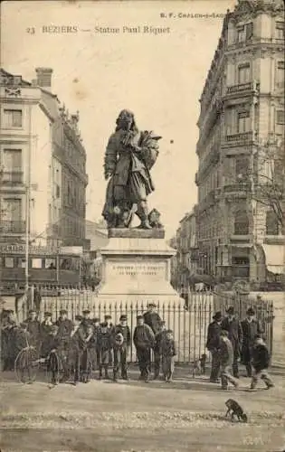 Ak Béziers Hérault, Statue von Paul Riquet, Stadtansicht, Menschen, Fahrradfahrer