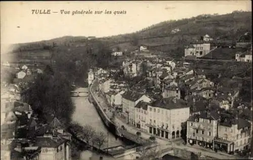 Ak Tulle Corrèze, Stadtansicht, Quai, Häuser, Fluss, Hügel