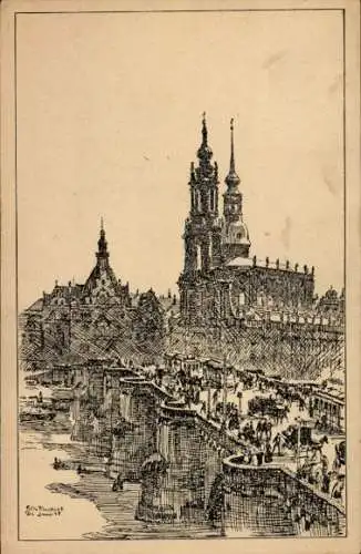Ak Dresden Altstadt, Stadtansicht mit Kirche, Flussufer,  Architektur