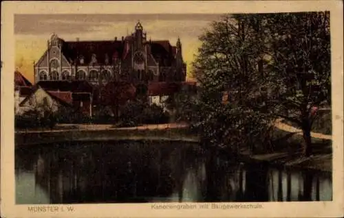 Ak Münster in Westfalen, Münster I.W., Kanonengraben mit Baugewerkschule, malerische Landschaft
