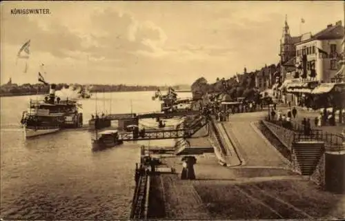 Ak Königswinter am Rhein, Rheinufer mit Dampfschiffen, Promenade, Drachenfels,  Architektur