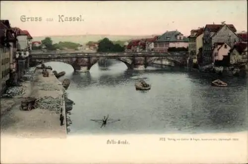 Ak Kassel in Hessen, Brücke, Gebäude am Fluss, Boote auf dem Wasser
