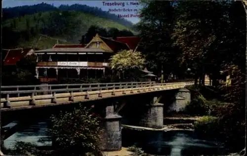 Ak Treseburg Thale im Harz, Hotel Forel, Bodebrücke, Fluss, Natur, Landschaft