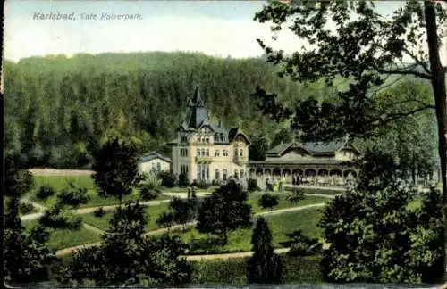 Ak Karlsbad in Baden, Café Kaiserpark, Gebäude, Bäume, Parklandschaft