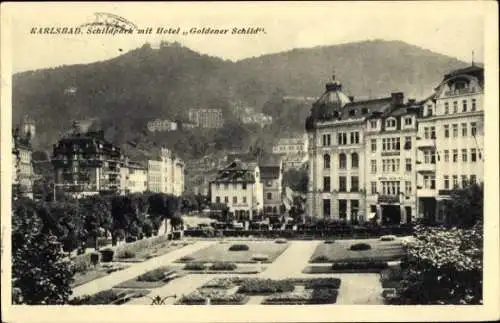 Ak Karlsbad in Baden, Alter Schildpark, Hotel Goldener Schild,  Architektur, malerische Landschaf
