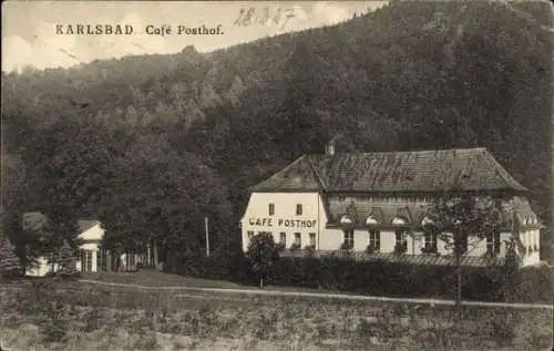 Ak Karlsbad in Baden, Café Posthof, Gebäude, Wald, ländliche Umgebung