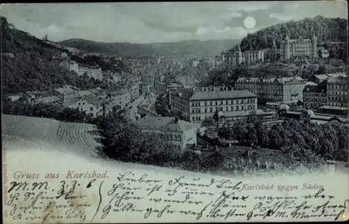 Ak Karlsbad in Baden, Ansicht von  Hügel, Gebäude, Mond