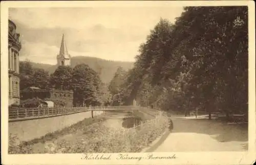 Ak Karlsbad in Baden,  Kirche, Promenade, Bäume,  Architektur