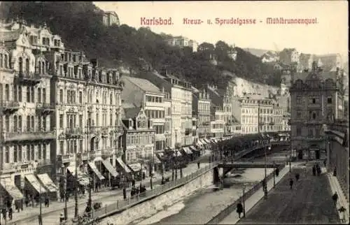 Ak Karlsbad in Baden,  Kreuz- und Sprudelgasse, Mühlbrunnenquai,  Gebäude
