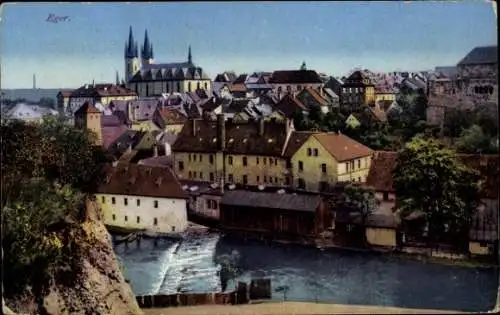 Ak Hohenberg an der Eger Oberfranken, Stadtansicht, alte Häuser, Kirche, Wasserlauf