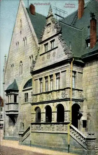 Ak Halberstadt Harzvorland, Partie am Rathaus, Freitreppe