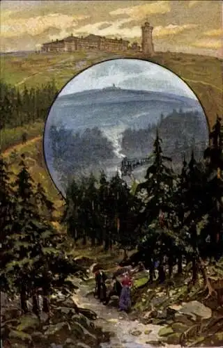 Ak Brocken Nationalpark Harz, Hotel Brocken, Aufstieg, Brockenbahn