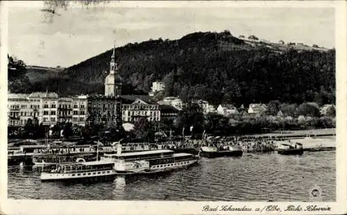 Ak Bad Schandau Sächsische Schweiz, Stadtansicht, Elbe, Schiffe, Berglandschaft, Kirche