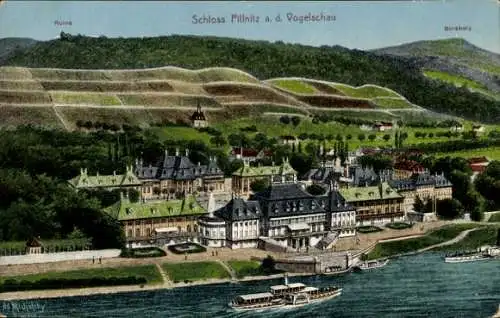 Ak Dresden Pillnitz, Schloss  Ruine, Borsberg, Fluss, Landschaft