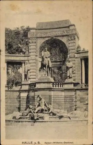 Ak Halle an der Saale, Kaiser-Wilhelm-Denkmal, Reiterstatue, Säulen, Figuren, Brunnen