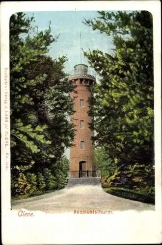 Ak Bad Cleve Kleve am Niederrhein, Aussichtsturm, umgeben von Bäumen, sehr farbenfrohe Darstellun