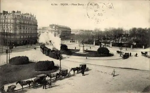 Ak Dijon Côte d'Or, Historische Ansicht, Place Darcy, Bahnlinie, Kutschwagen, Statue